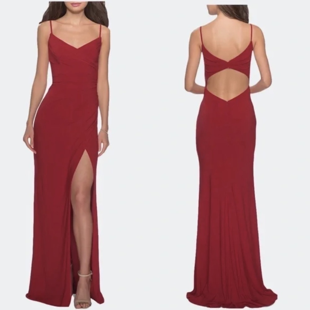 NWT LA FEMME Crimson Red Slinky Ruched Evening Gown Dress Sz. 2